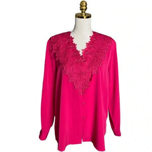K C STUDIO | Vintage Magenta Lace Embroidered Satin Button Down Blouse Size 16W